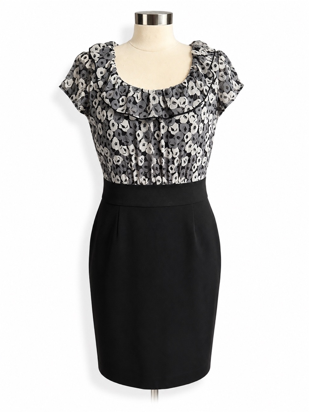 New York & Company Floral Ruffle Sheath Dress Black Gray Size M